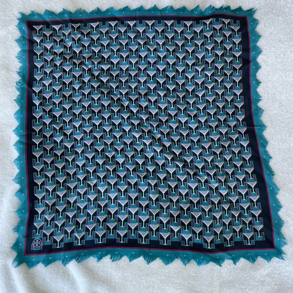 Tory Burch Martini Glass Art Deco Silk Neckerchief Square Scarf - 18” X 18” 💙🩵 - Picture 3 of 16